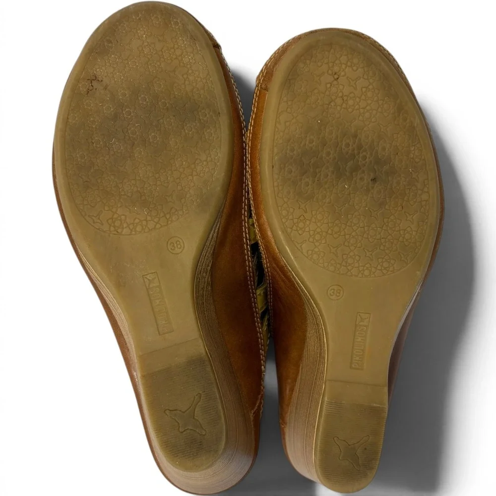 Pikolinos Womens 38 Yellow Leather Cutout Wedge Mules Sandals Peep Toe Spain